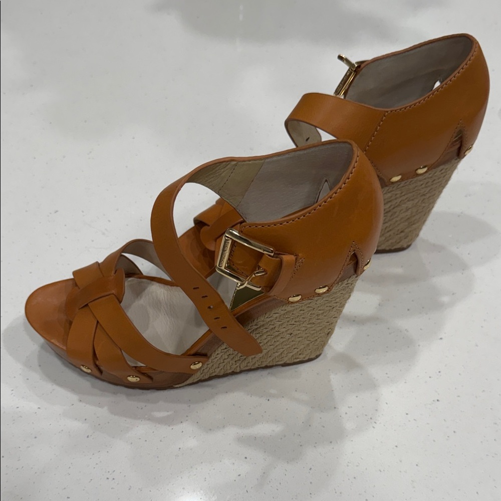 Michael Kors Jetset6 Tan Leather Wedge Sandals with Braided Front - Picture 2 of 8